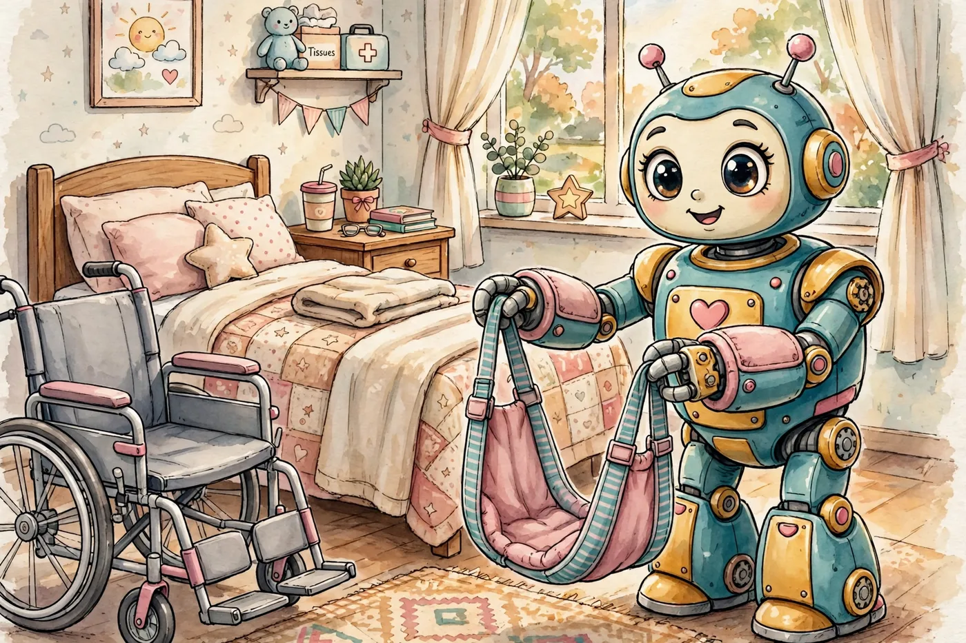 Poster illustration of the Lift and Transfer System — Atlas, the strong, gentle robot who lifts and transfers residents