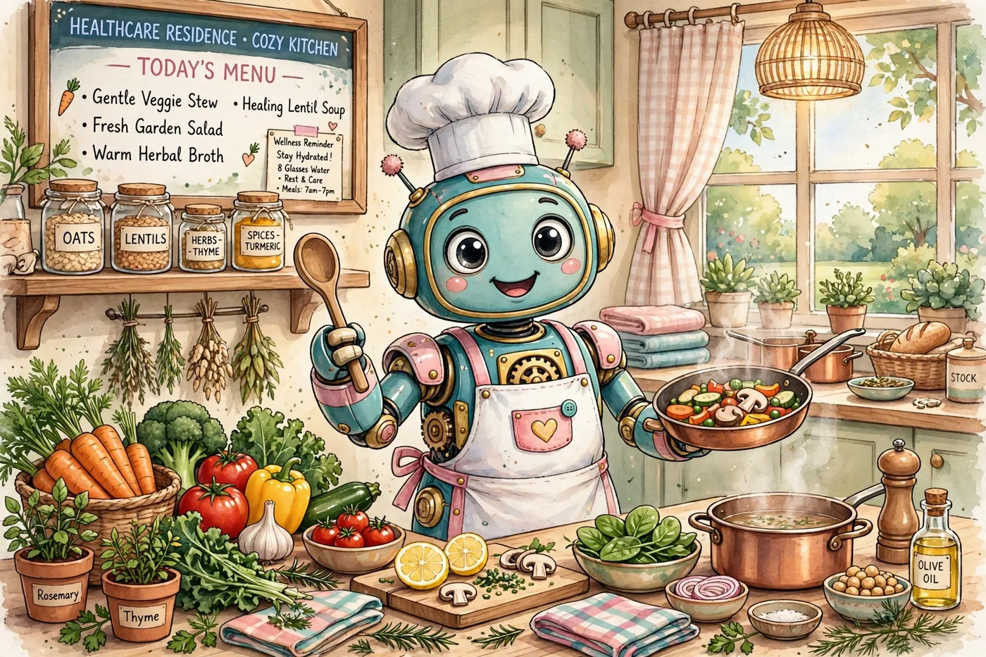 Poster illustration of the Kitchen System — Biscuit, the robot chef, at work in the kitchen