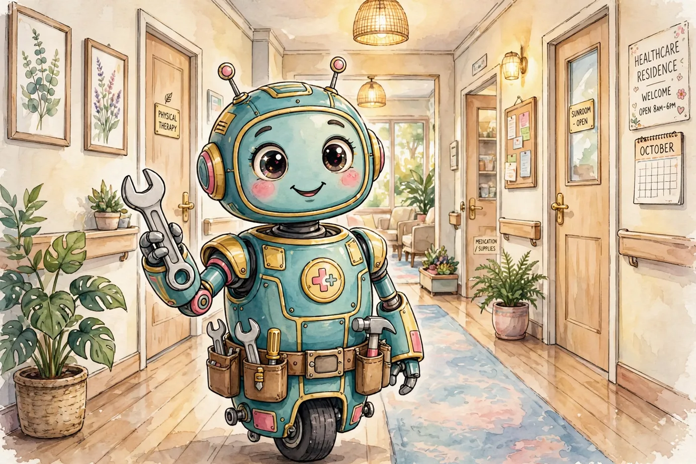 Poster illustration of the Maintenance System — Bolt, the building's fix-it robot, with his tool belt and tools on board