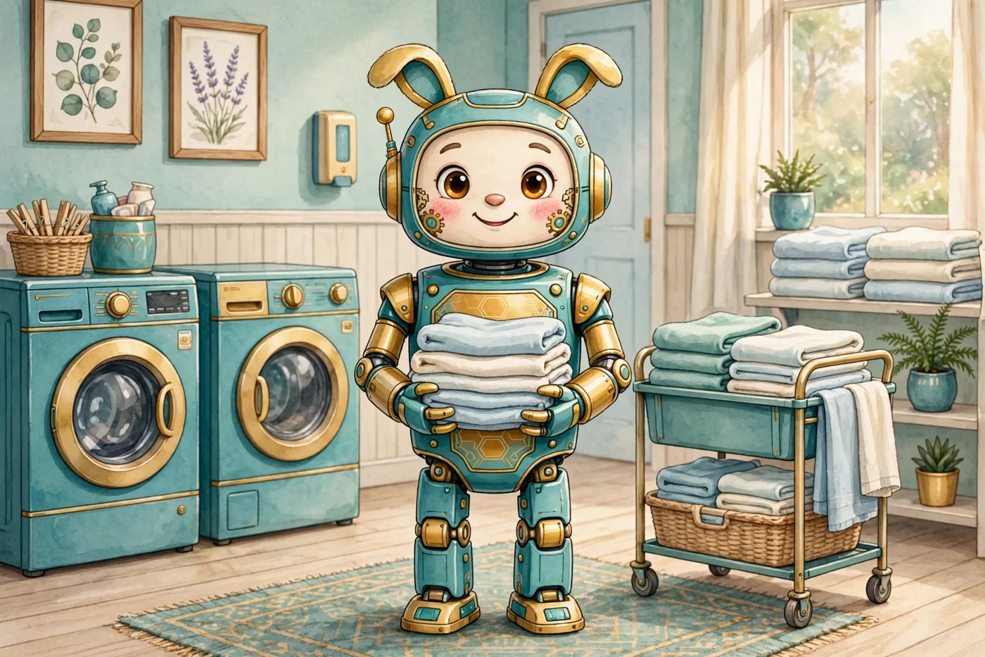 Poster illustration of the Laundry System — Bubbles, the laundry robot, with the washing and folding
