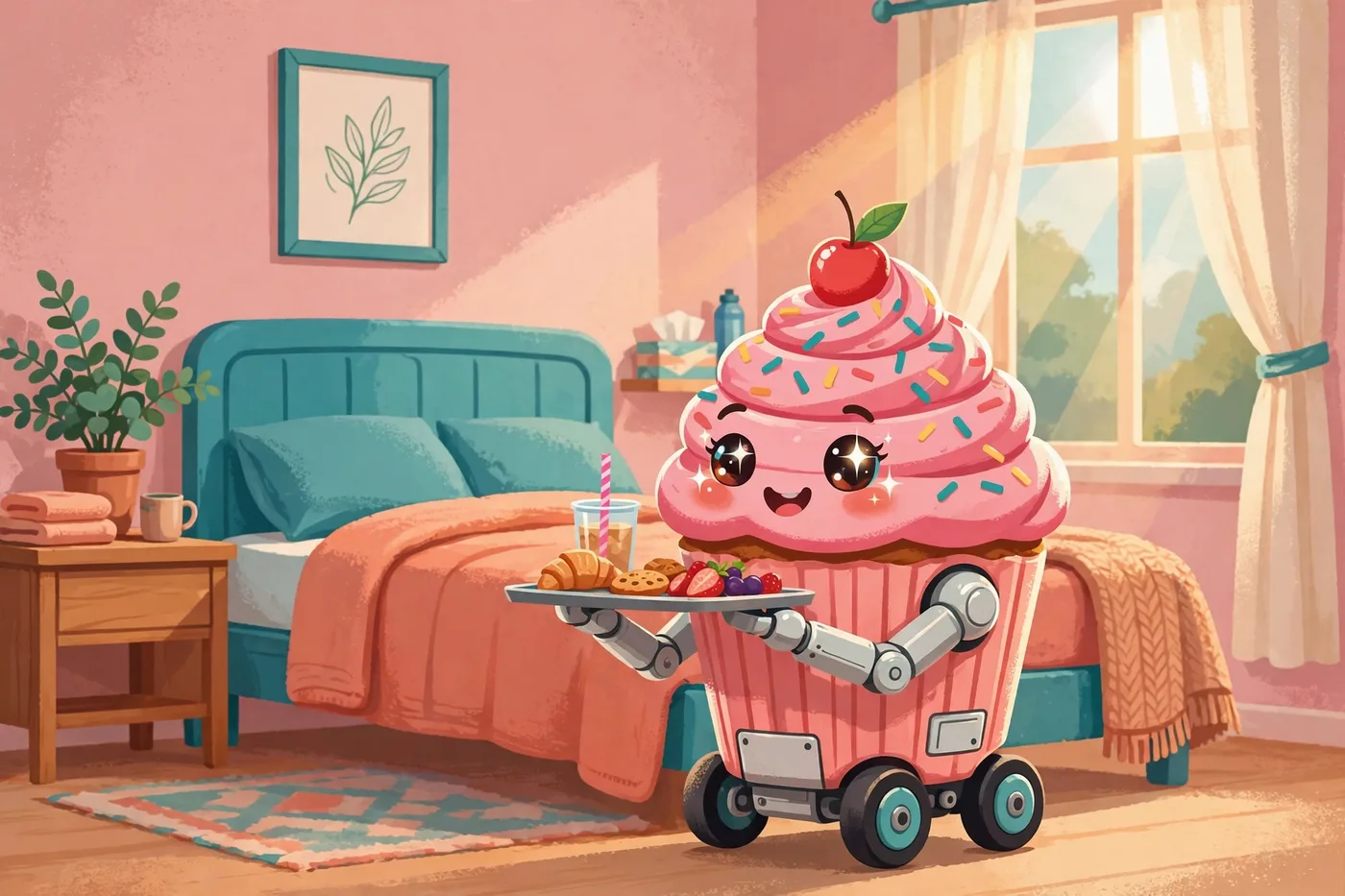 Poster illustration of Cherry — a smiling pink cupcake robot on wheels, sprinkles in her frosting and a cherry on top, carrying a tray of snacks and a drink beside a resident's bed