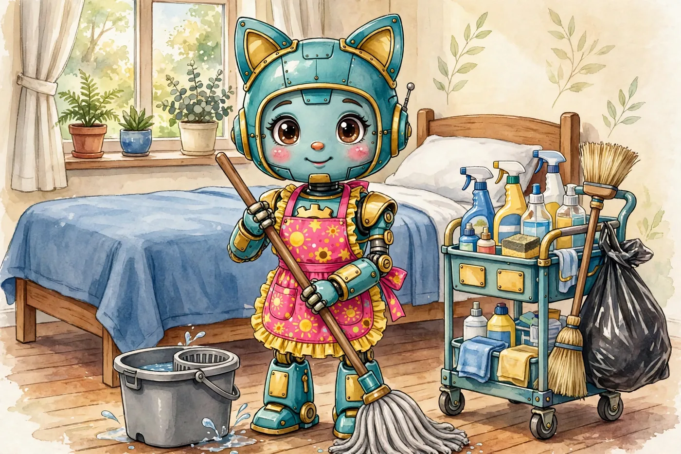 Poster illustration of the Housekeeping System — Flo, the housekeeping robot, in her festive apron