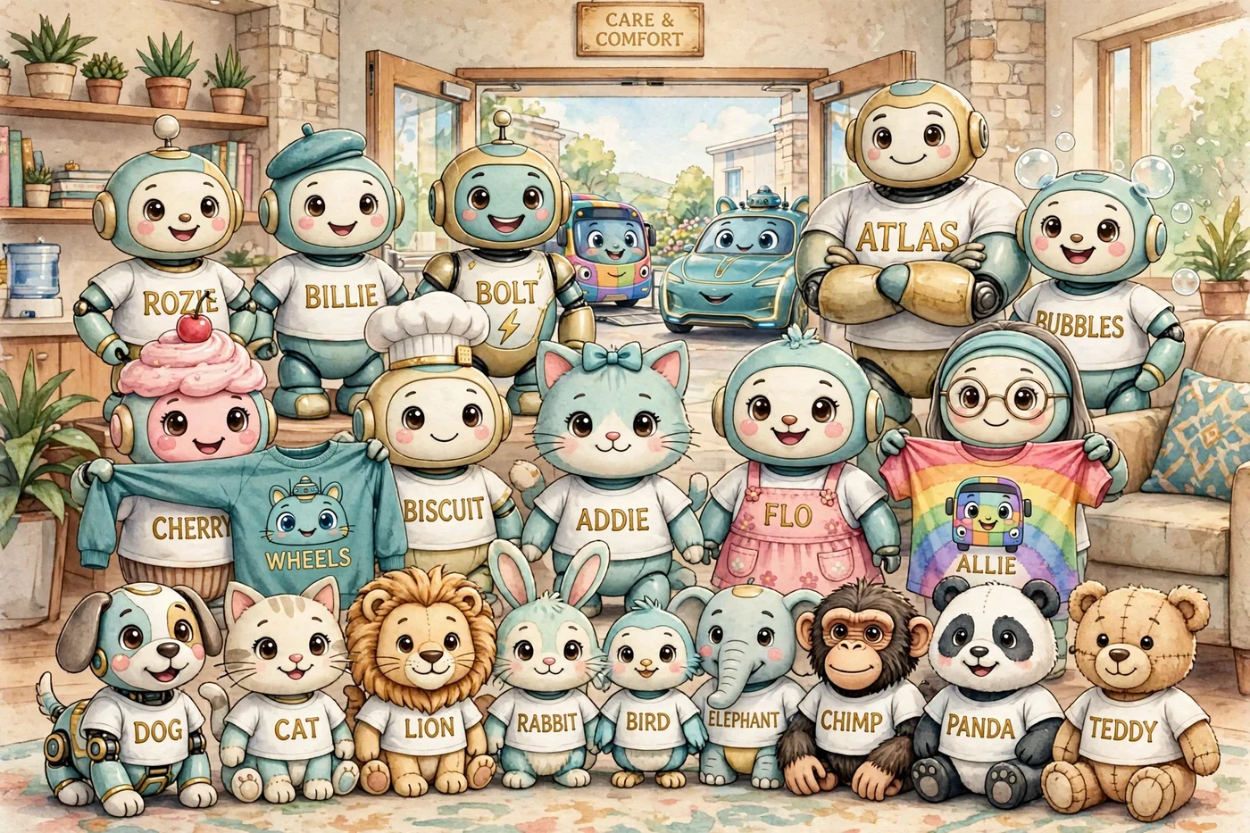 Merchandising poster illustration — the whole crew assembled: every worker in the building and the companion fleet too, each in a little t-shirt with their face and their name on it, with Wheels the car and Allie the bus in the doorway behind them and WHEELS and ALLIE name shirts held up in front
