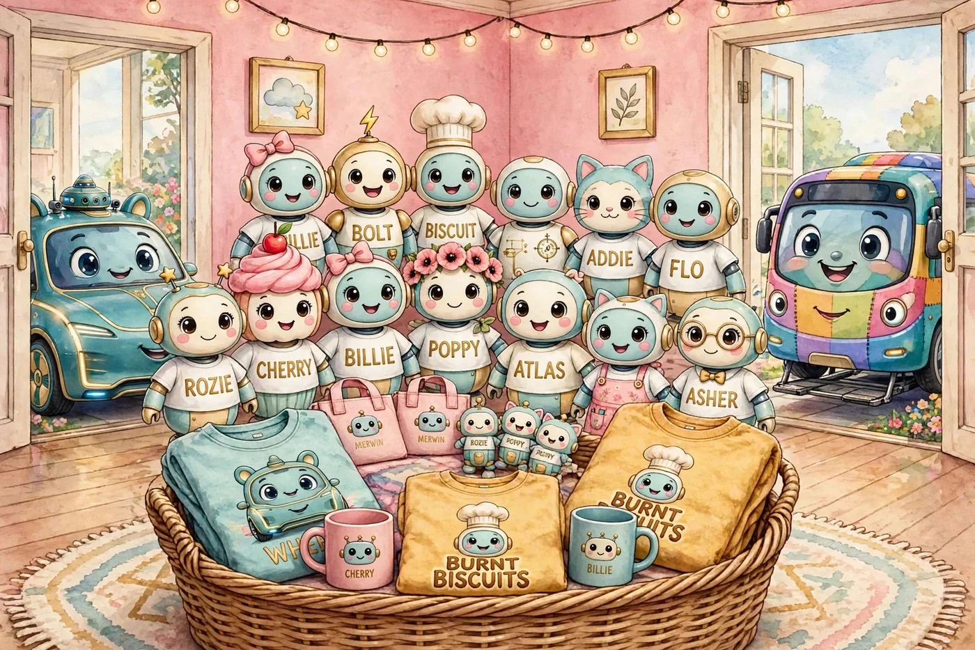 Merchandising illustration — the crew in their name t-shirts behind a big basket of the goods: a folded WHEELS shirt, a BURNT BISCUITS tee, and CHERRY and BILLIE mugs, with Wheels the car and Allie the bus in the doorways