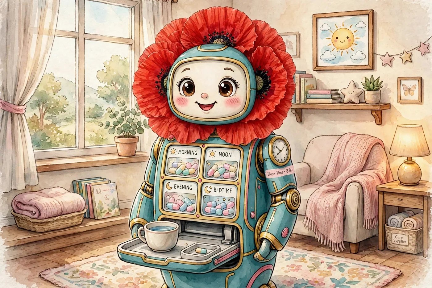 Poster illustration of the Medication System — Poppy, the medication robot with a big red poppy bloom for a head, dispensing medication from her morning, noon, evening and bedtime compartments