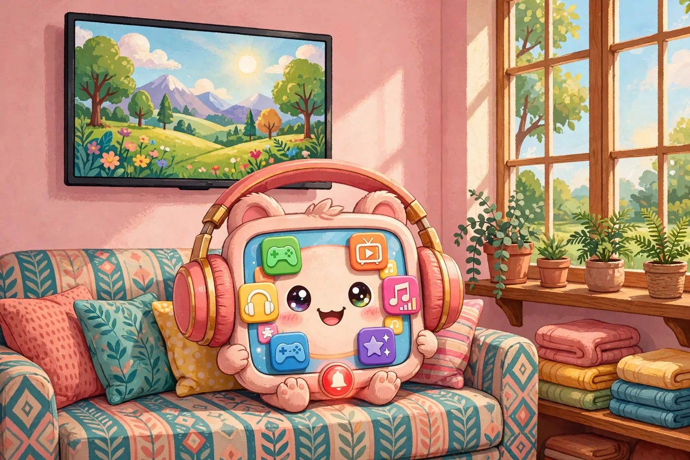 Poster illustration of the Riley System — a smiling tablet character with big eyes and big pink headphones sitting on a couch, its screen showing game, television, and music tiles, with a red emergency bell button below