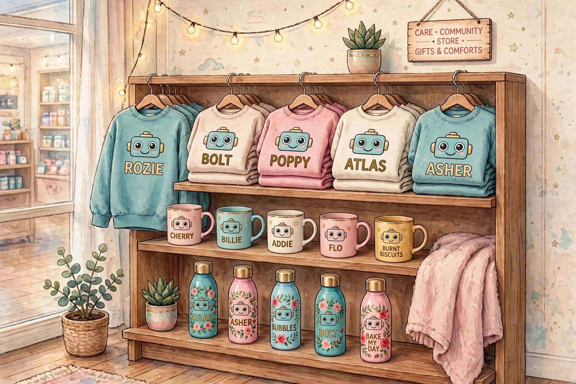 Store illustration — one wooden shop shelving unit: crew sweatshirts lettered ROZIE, BOLT, POPPY, ATLAS and ASHER, a row of coffee mugs lettered CHERRY, BILLIE, ADDIE, FLO and BURNT BISCUITS, and water bottles printed with roses, lettered ATLAS, ASHER, BUBBLES, BOLT and BAKE MY DAY