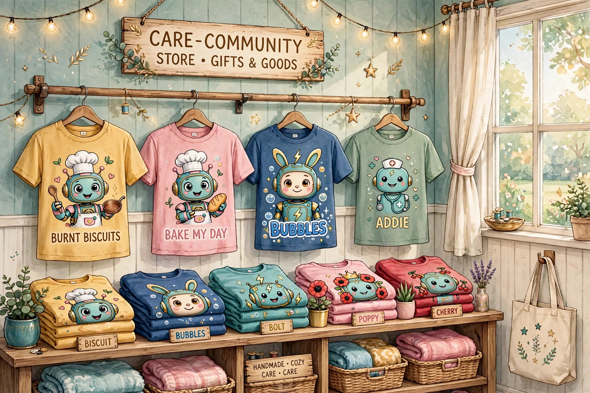 Store illustration — the Star Fleet store's t-shirt wall in a cozy shop: saying tees on hangers lettered BURNT BISCUITS, BAKE MY DAY and sparkling BUBBLES, each with its robot, the ADDIE crew tee with the little nurse robot, and folded crew name tees tagged BISCUIT, BUBBLES, BOLT, POPPY and CHERRY