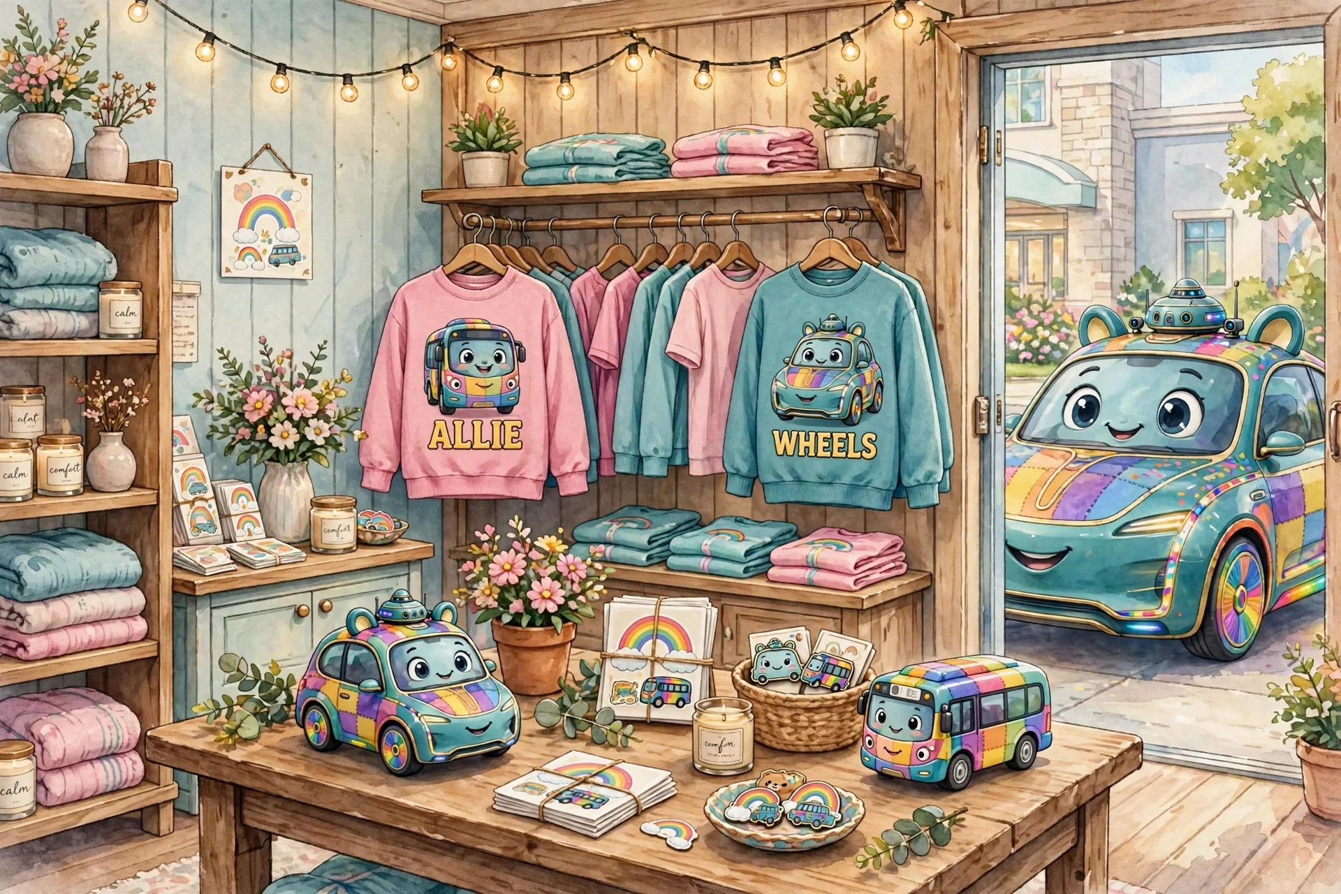 Store illustration — the Wheels and Allie corner of the Star Fleet store: an ALLIE sweatshirt with the rainbow bus and a WHEELS sweatshirt with the rainbow car on hangers, a mini Wheels car and a mini Allie bus as little movable toys on the display table, and Wheels herself in her rainbow colors smiling in the doorway