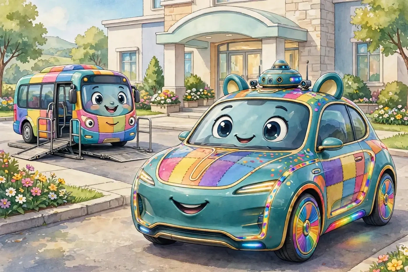 Poster illustration of the Transport System — Wheels, a teal-and-gold self-driving car with rainbow color panels in the family spirit of Allie, big eyes in her windshield, smiling in front of a care community, with Allie, a rainbow-painted self-driving bus with her own smiling face and her wheelchair lift deployed, behind her
