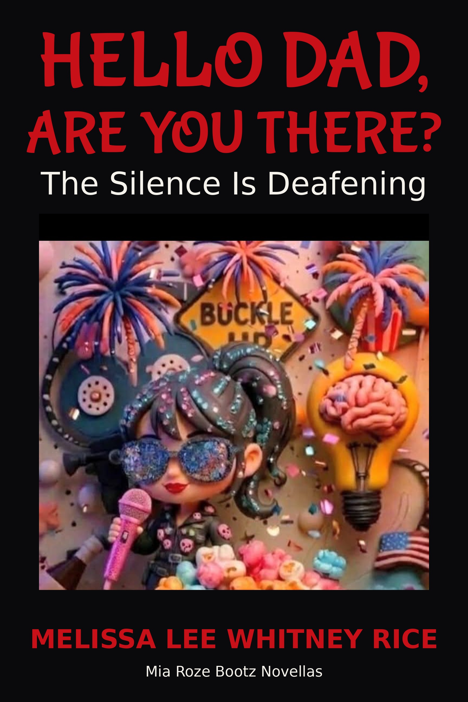 Book cover of Hello Dad, Are You There? The Silence Is Deafening by Melissa Lee Whitney Rice — the title in bold red lettering above the author's colourful original artwork of a singer with a pink microphone, palm trees, and a light-bulb brain; published by Mia Roze Bootz Novellas