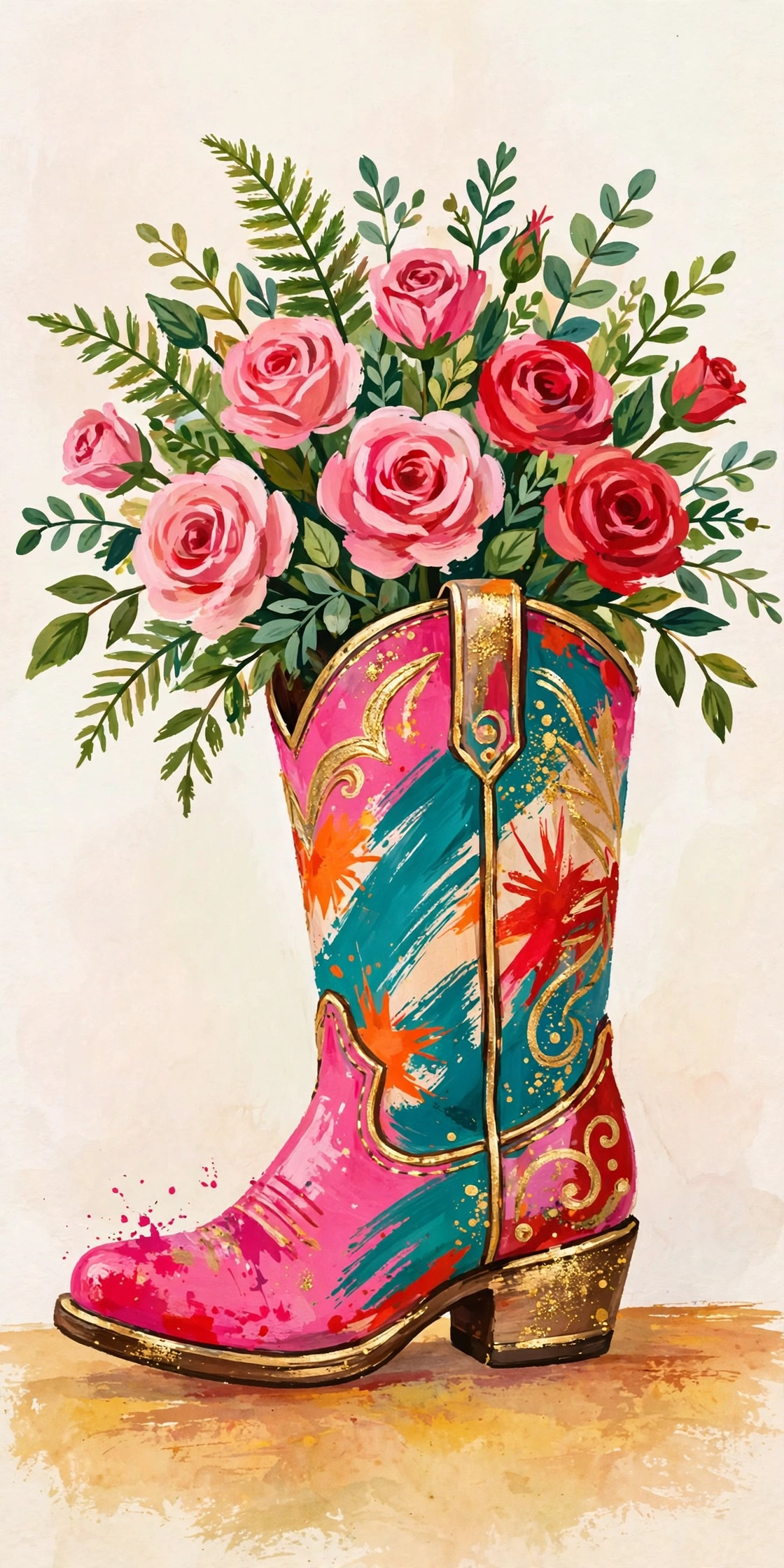 Painted illustration of a cowboy boot used as a vase — splashed in bold pink, teal, orange, red and gold — holding pink and red roses and greenery
