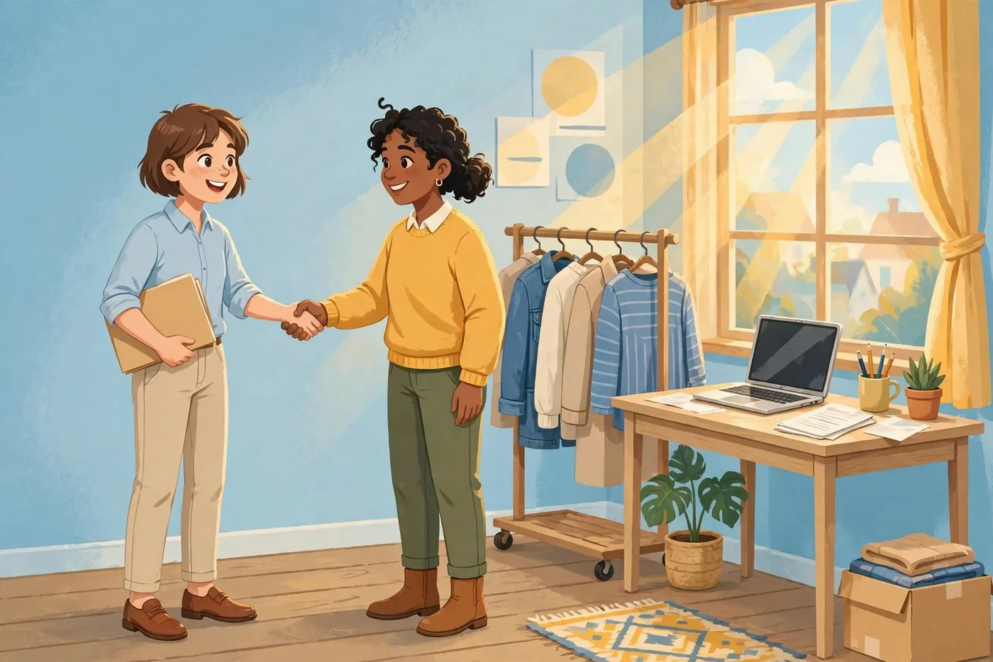 Poster illustration of Getting Back on Your Feet — two people shaking hands beside a desk with a laptop and résumés and a rack of clothing, sunlight streaming through the window