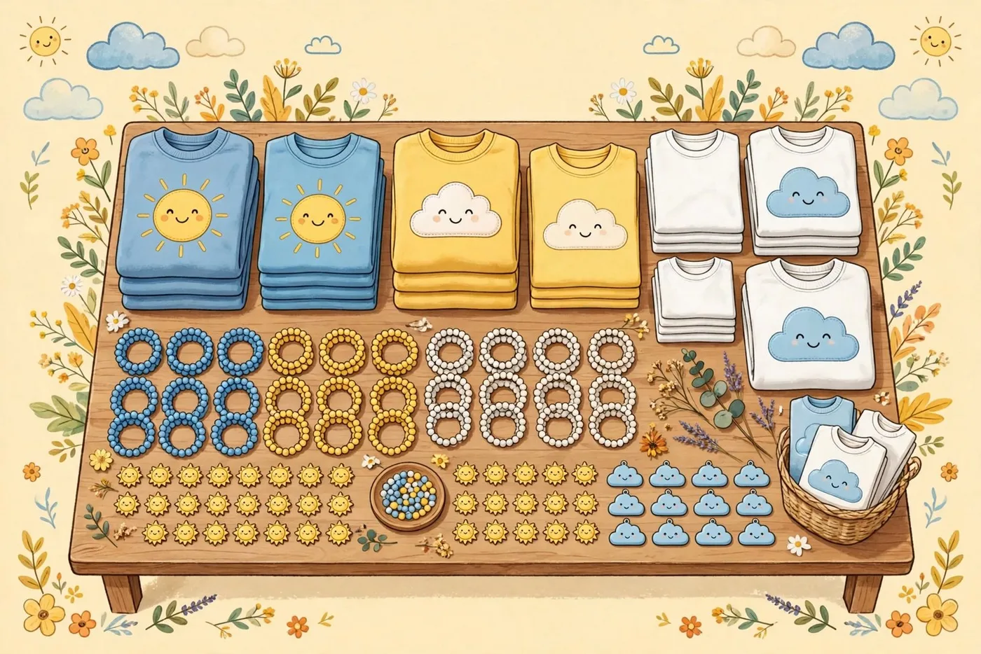 Poster illustration of the Cloudy Dayz merch — graphic tees and sweatshirts, bracelets and sun-and-cloud charms on display, with the Rehab Is for Quitters slogan on the tee