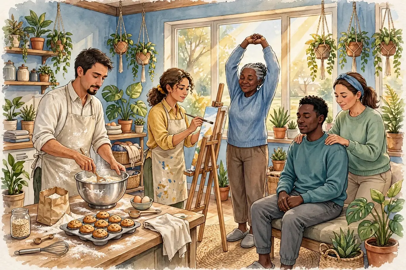 Poster illustration of the Cloudy Dayz model — a balanced, mixed group in a sunny plant-filled room: a young man baking muffins at a counter, a woman painting at an easel, an older woman stretching by the window, and a man receiving a shoulder massage