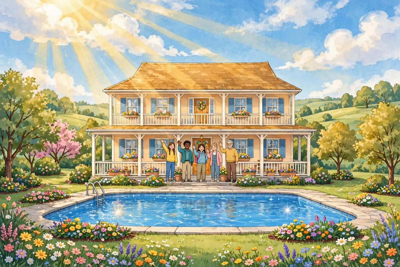Poster illustration of a Cloudy Dayz center — a big two-story house with a wraparound porch and a swimming pool in flower gardens, golden sun rays breaking through the clouds overhead, and a mixed group of five people of different ages and backgrounds waving together from the porch