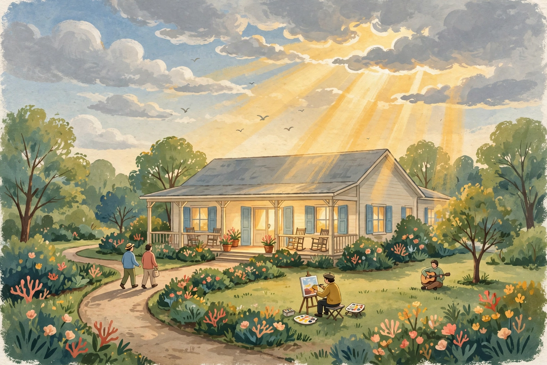 Painted illustration of a Cloudy Dayz center — a welcoming house with a wide porch in green gardens, grey clouds breaking apart overhead as golden sun rays pour through, people walking the garden path, one person painting at an easel, and another playing guitar on the lawn