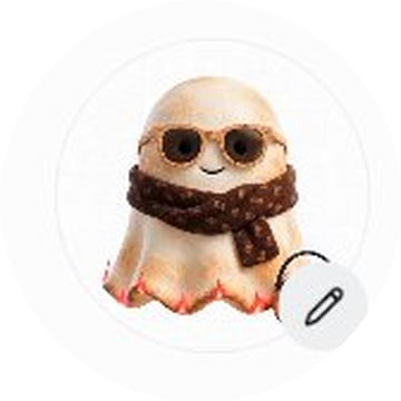 Ember — a small round ghost with a smiling face, wearing round sunglasses and a brown scarf, with little flames glowing at the hem