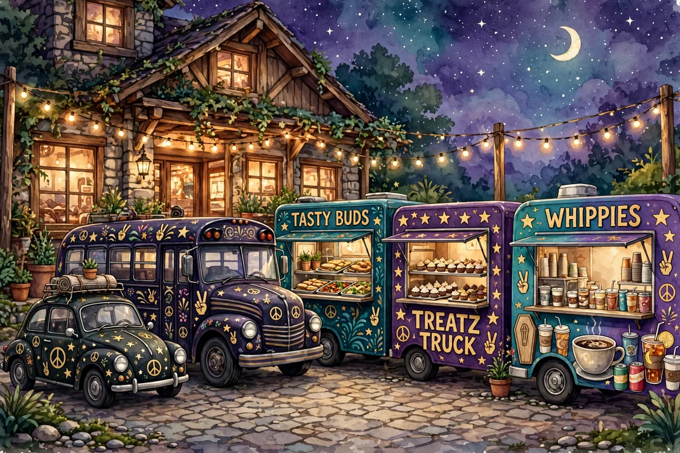Poster illustration of All Our Vehicles — the whole rolling family in front of the house at night: Serenity the car, The Stardust Shuttle bus, and the three Pop-Up Fleet trucks — Tasty Buds, the Treatz Truck and Whippies