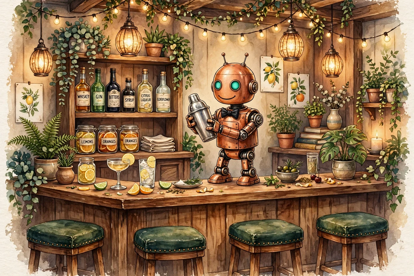 Poster illustration of Bart — the copper robot bartender alone behind his bar, shaking a cocktail, with labeled bottles and jars of lemons and oranges on the shelves and green velvet stools along the counter; no people