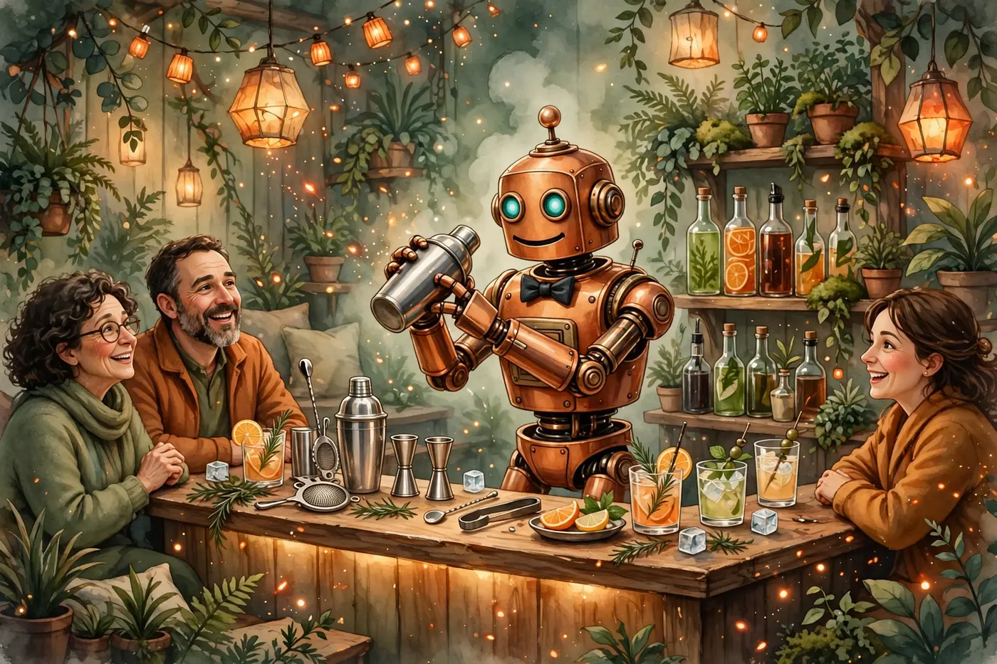 Poster illustration of Bart — a copper robot bartender in a bow tie shaking a cocktail behind the bar, with guests laughing on either side and bottles and glasses along the counter