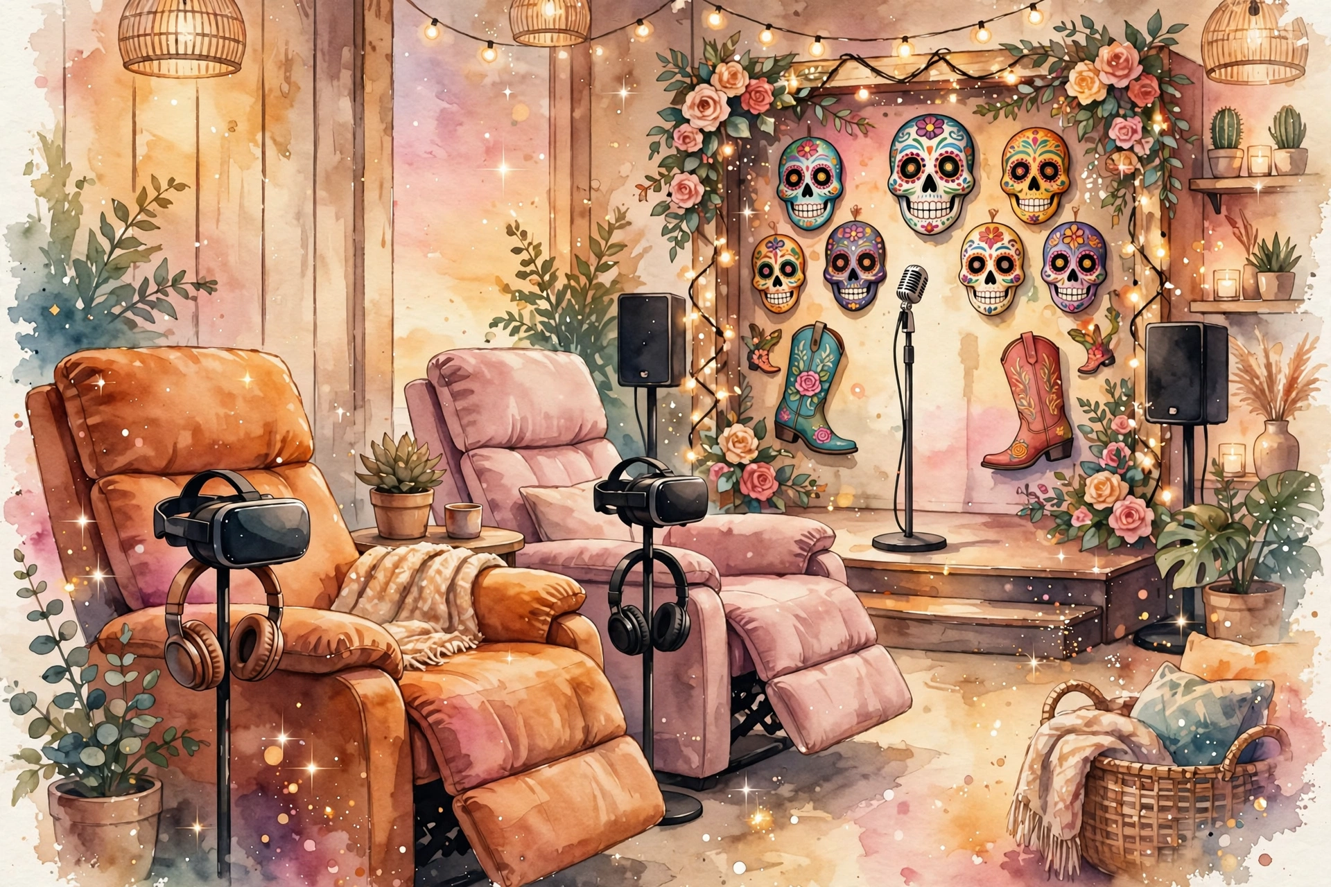 Poster illustration of Bling & Burn — another concept: two plush recliner chairs with VR headsets and headphones on stands, facing a small karaoke stage with a vintage microphone, its wall hung with colorful painted calavera masks and cowboy boots, with roses garlanded around the stage; no people