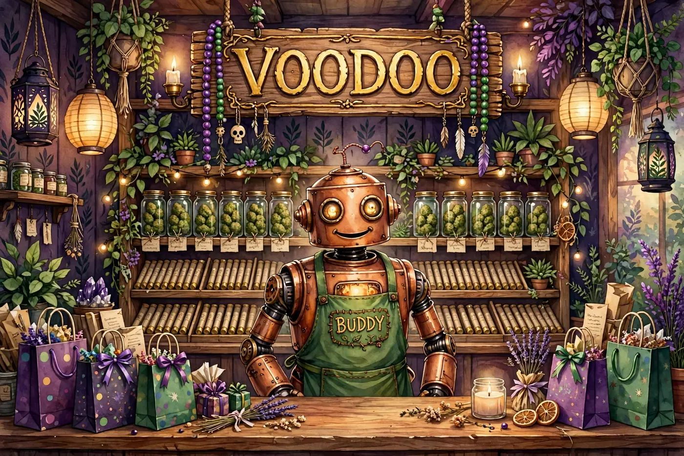 Poster illustration of Buddy, a full-body copper robot budtender in a green apron with his name on it, behind the wooden counter at Voodoo under a big hanging wooden sign reading VOODOO, with glass jars, pre-roll tubes and party supply gift bags; no people