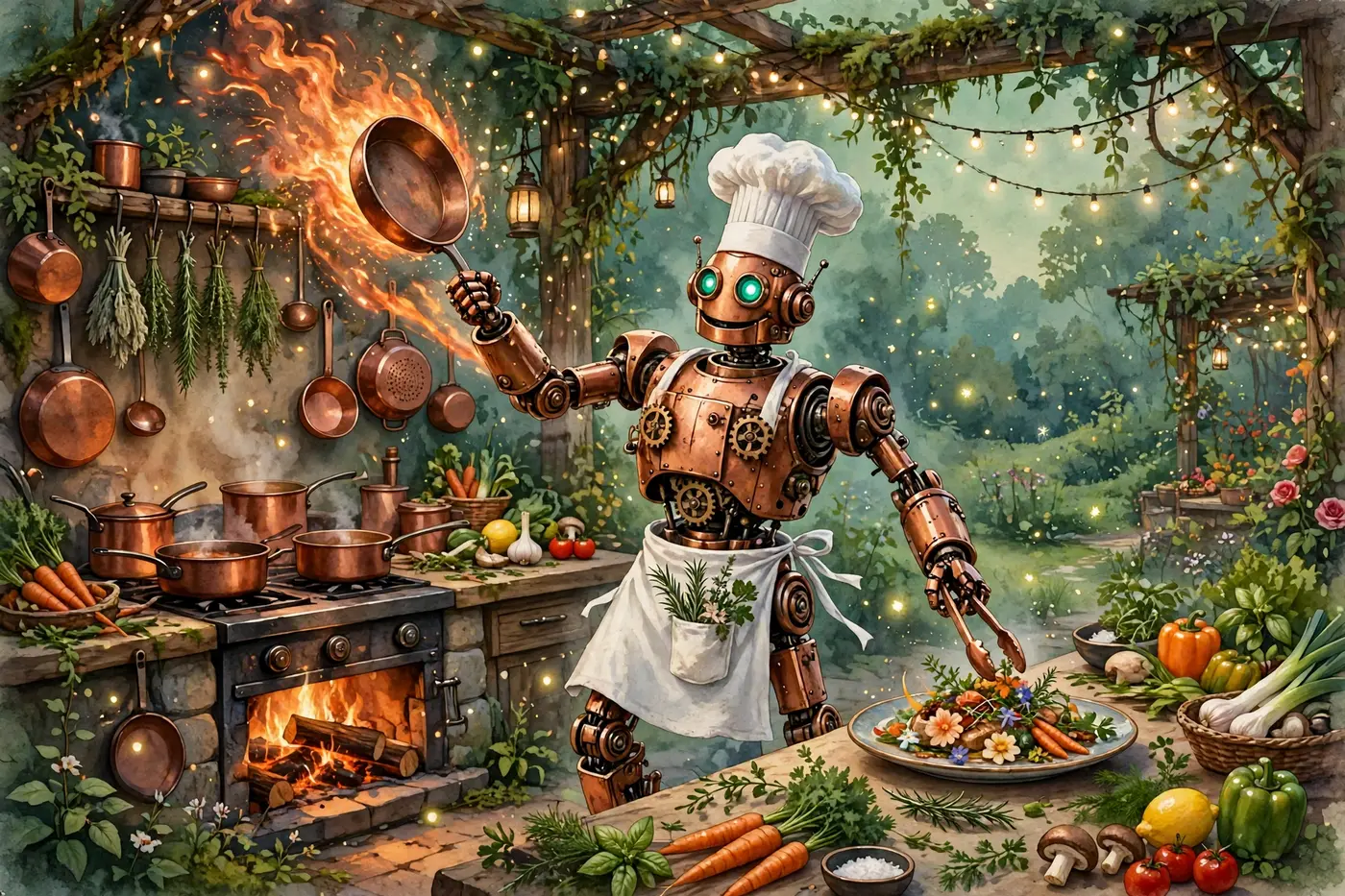 Poster illustration of The Chef — a copper robot chef in a tall white hat and apron, tossing a flaming pan over the stove with one hand and plating a dish with the other, surrounded by copper pots and fresh vegetables