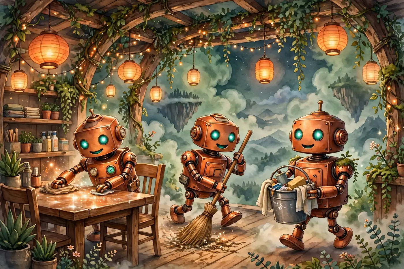 Poster illustration of Belle — the cleaner, of The Glamour Squad, the Domestic Goddesses: three copper cleaning robots at work after hours: one polishing a table until it sparkles, one sweeping the floor, and one carrying a bucket of supplies, with floating islands in the clouds beyond the lanterns