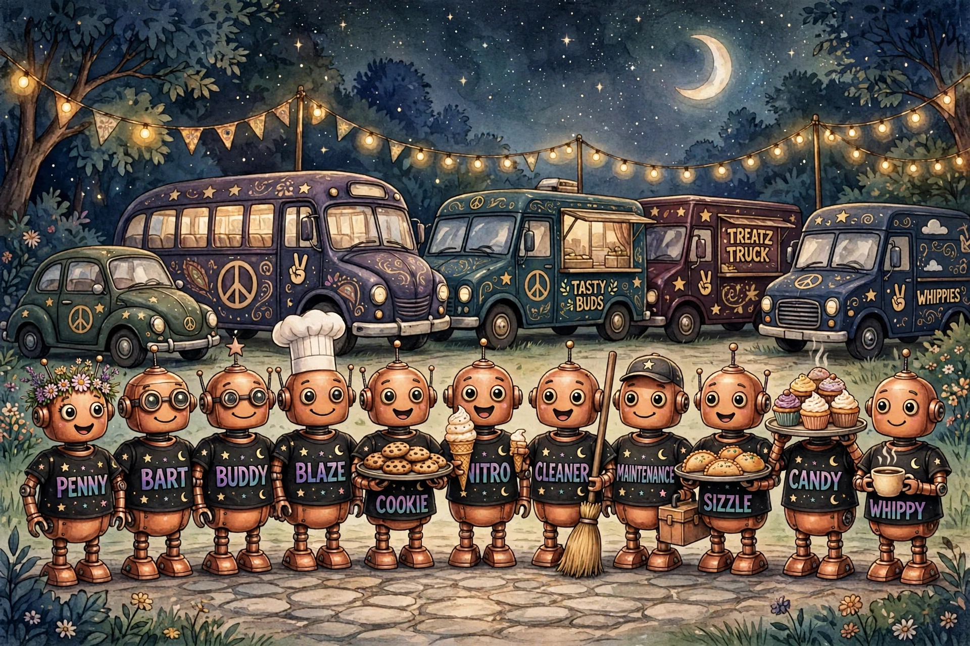 Poster illustration of The Star Fleet crew together — the copper robots in their name t-shirts under the string lights: Penny, Bart, Buddy, Blaze the chef in his tall white hat, Cookie, Nitro, Belle, Torque, Sizzle, Candy and Whippy, with Serenity the car, The Stardust Shuttle and the Pop-Up Fleet trucks behind them