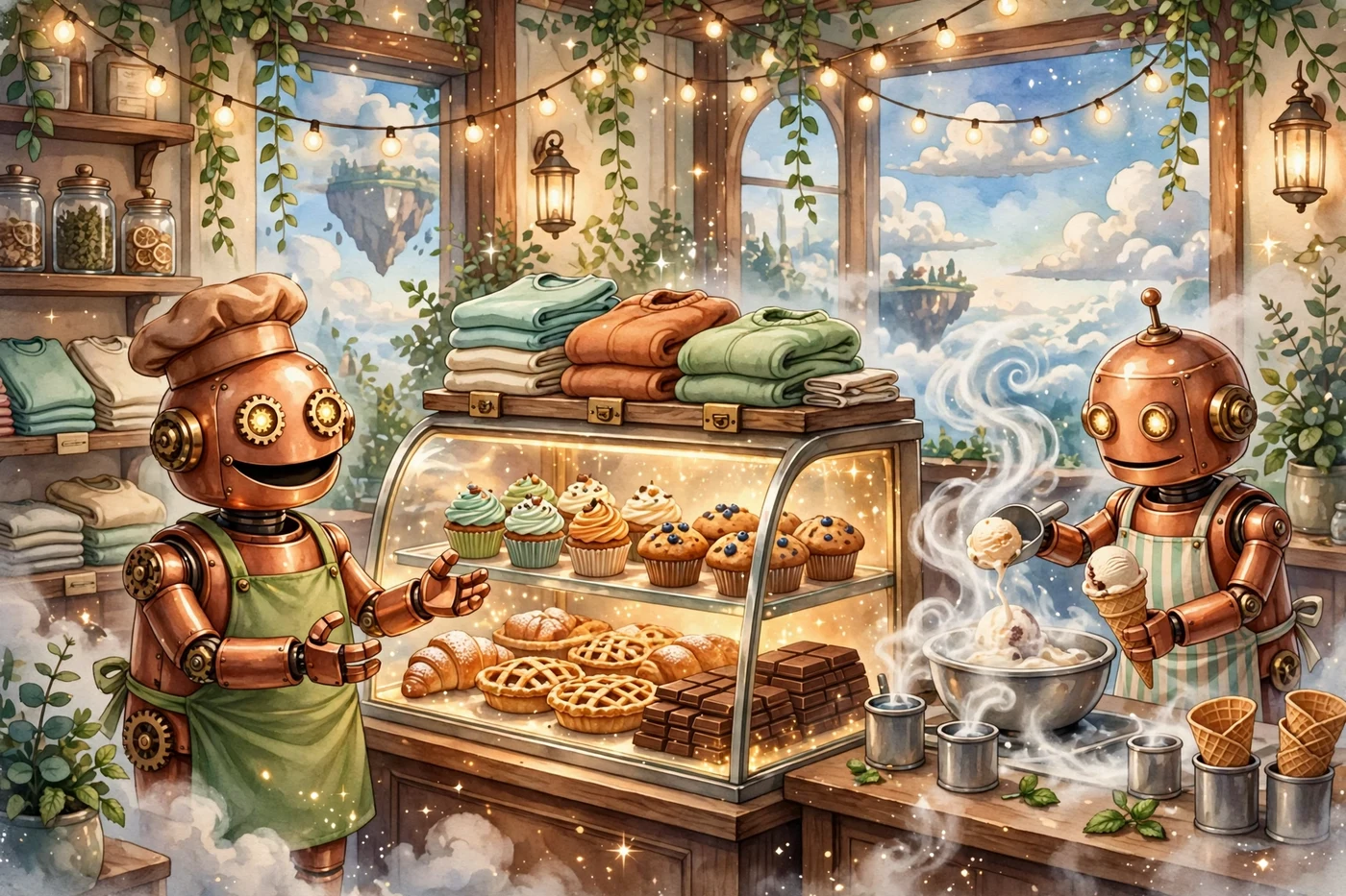Poster illustration of Cupcakez — a glowing bakery case of cupcakes, muffins, pies and croissants, with a copper robot baker in a tall hat at the case and a second robot scooping ice cream beside it; no people