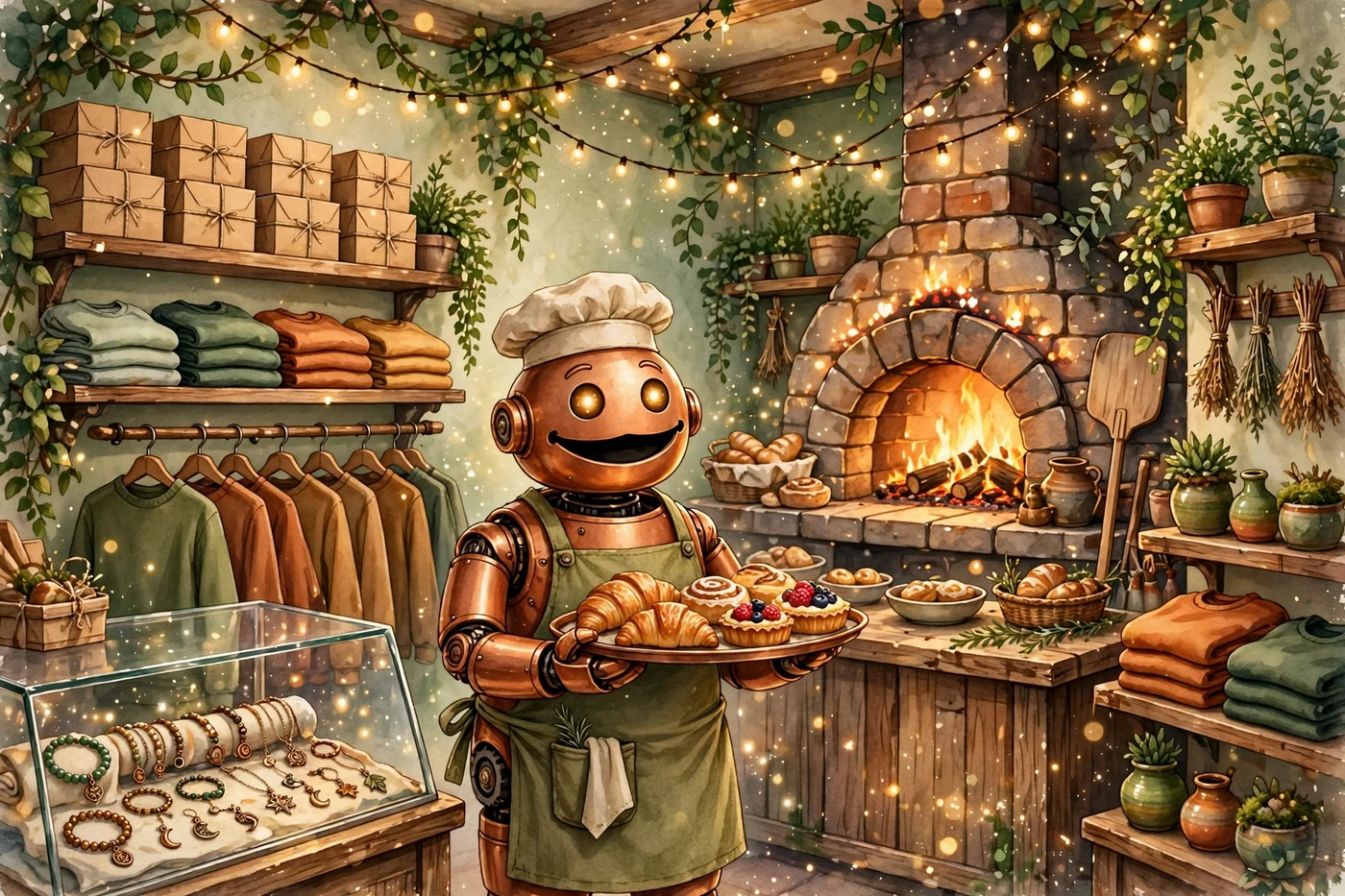 Poster illustration of Sparkles — a copper robot baker holding a tray of croissants and tarts beside a stone fireplace oven, shelves of folded sweatshirts and take-home boxes, and a glass case of bracelets and charms; no people