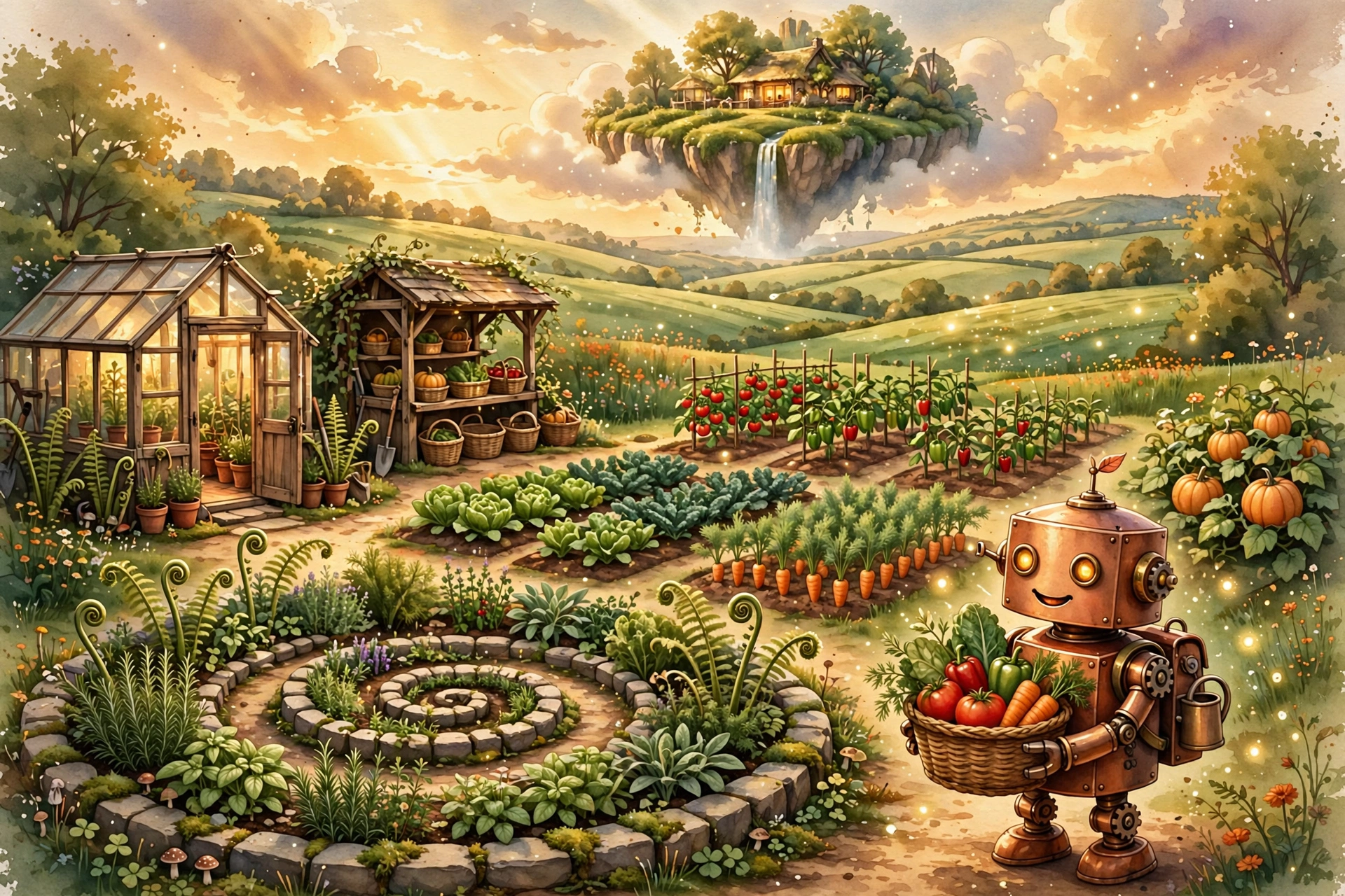 Poster illustration of Herbz & Fiddles — Euphoria's outdoor farm: garden rows of vegetables, a stone herb spiral and fiddlehead ferns, a greenhouse and a farm stand, with a copper robot gardener carrying a basket of fresh-picked vegetables; no people
