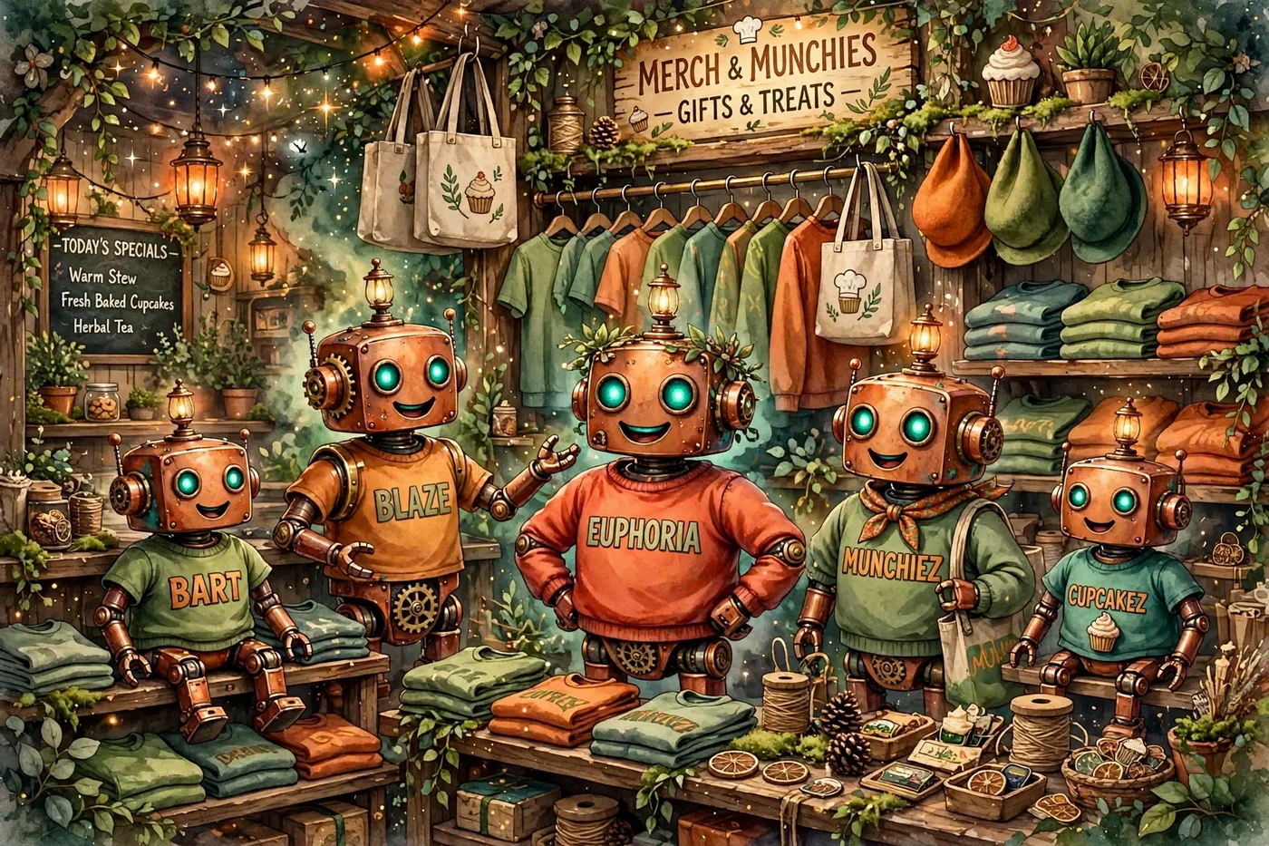 Poster illustration of the merchandise shop — the robot crew wearing their name t-shirts and sweatshirts, with folded shirts and sweatshirts stacked on the counters