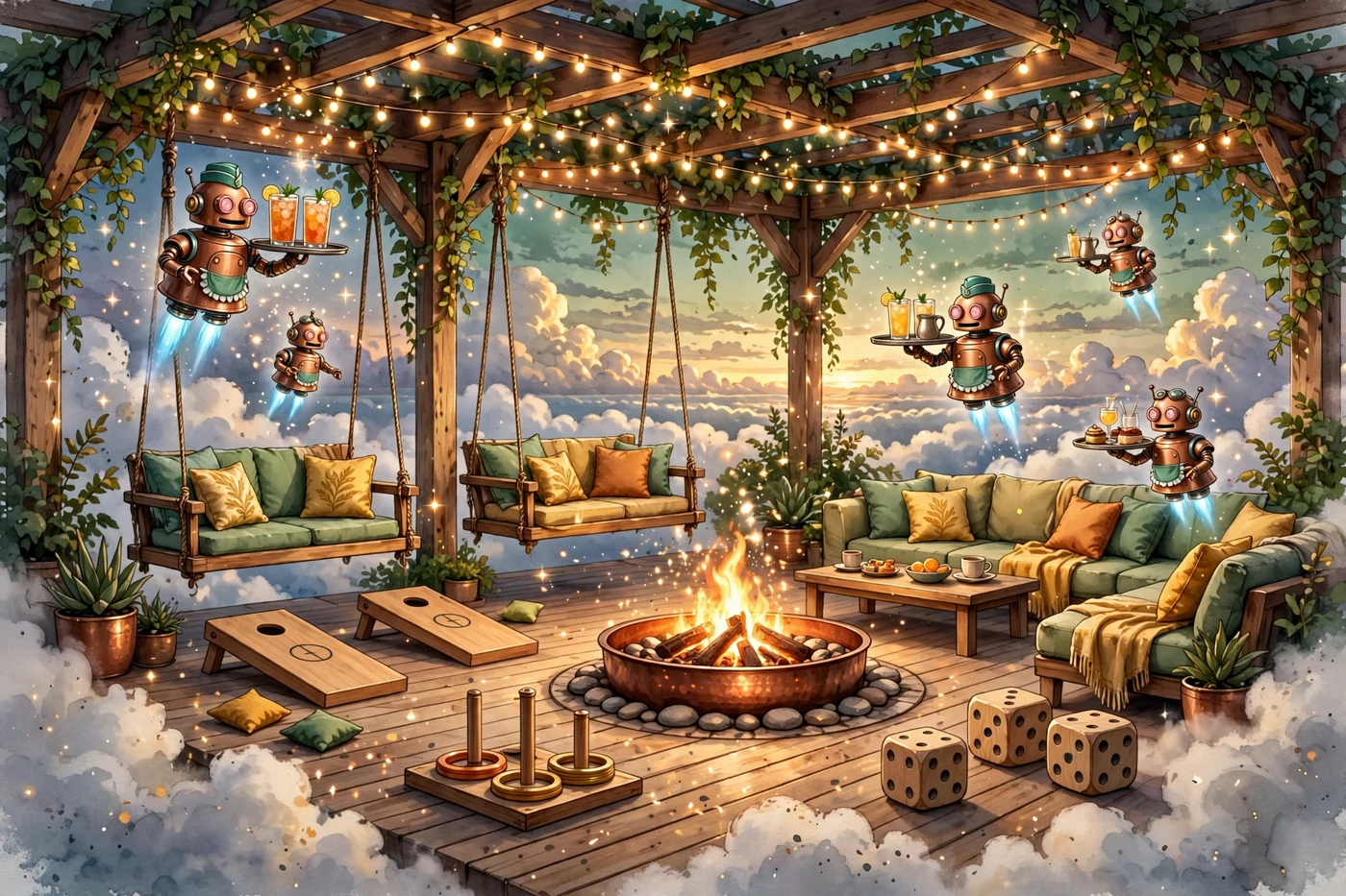 Poster illustration of the patio — swing benches and sofas around a fire pit, cornhole, ring toss and giant dice on the deck, string lights overhead, and small flying robot servers carrying trays; no people