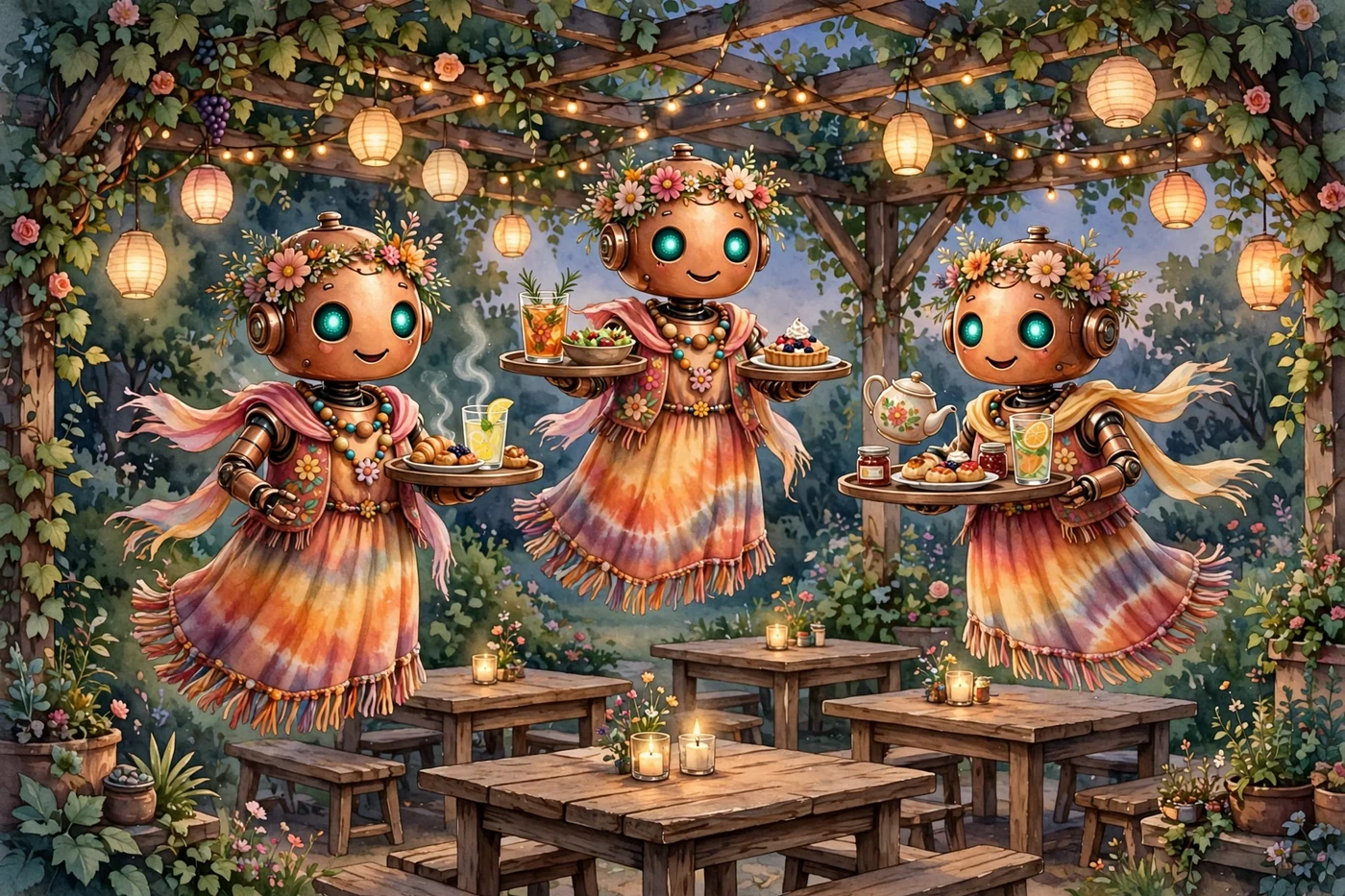 Poster illustration of Penny, The Waitresses — three cute copper robot servers in flowing tie-dye hippie dresses and flower crowns, floating with trays of food and drinks above candlelit tables; no people