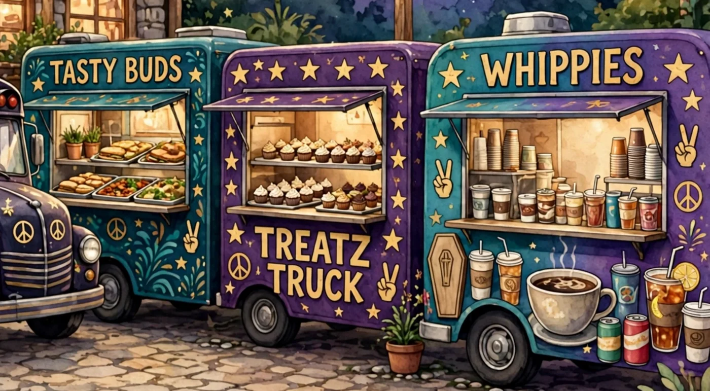 Poster illustration of Our Pop-Up Fleet — the three Euphoria food trucks lined up together with their serving windows open: Tasty Buds, the Treatz Truck and Whippies