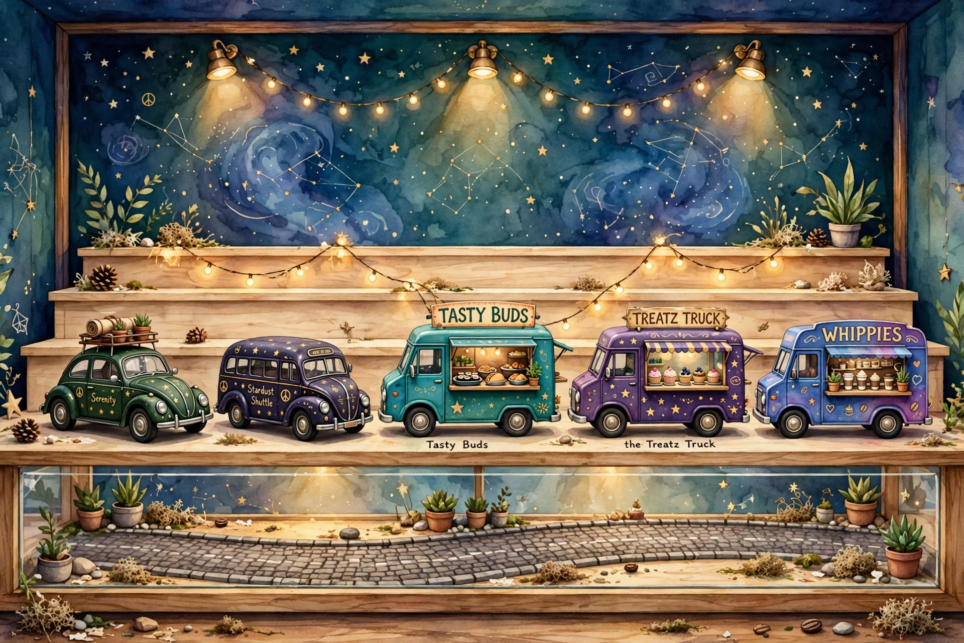 Poster illustration of the Sparkles replica display — its own display world, not the clothing shop: the five mini replica vehicles lined up on tiered wooden shelves under spotlights against a deep teal starry-night backdrop, over a glass case with a miniature cobblestone road — Serenity the car, The Stardust Shuttle bus, and the Tasty Buds, Treatz Truck and Whippies trucks
