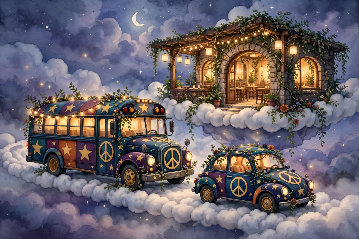 Poster illustration of The Ride Home — The Stardust Shuttle, a star-painted party bus, and Serenity, a matching star-painted car with peace signs, floating on clouds in front of the house at night