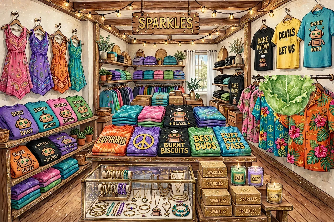 Poster illustration of Sparkles — a real merchandise shop glittering with sparkle, with shelves, folded stacks and display tables of colorful printed t-shirts and sweatshirts showing copper robot crew faces and names, the Euphoria wordmark and funny weed sayings, a BAKE MY DAY tee for Cookie the baker and a yellow DEVILS LET US tee hung on the wall with a big piece of lettuce displayed under it, a folded BURNT BISCUITS tee with Blaze on the table, bright bandana dresses and men's Hawaiian shirts with house prints, and a sparkling glass case of bracelets and charms; no people