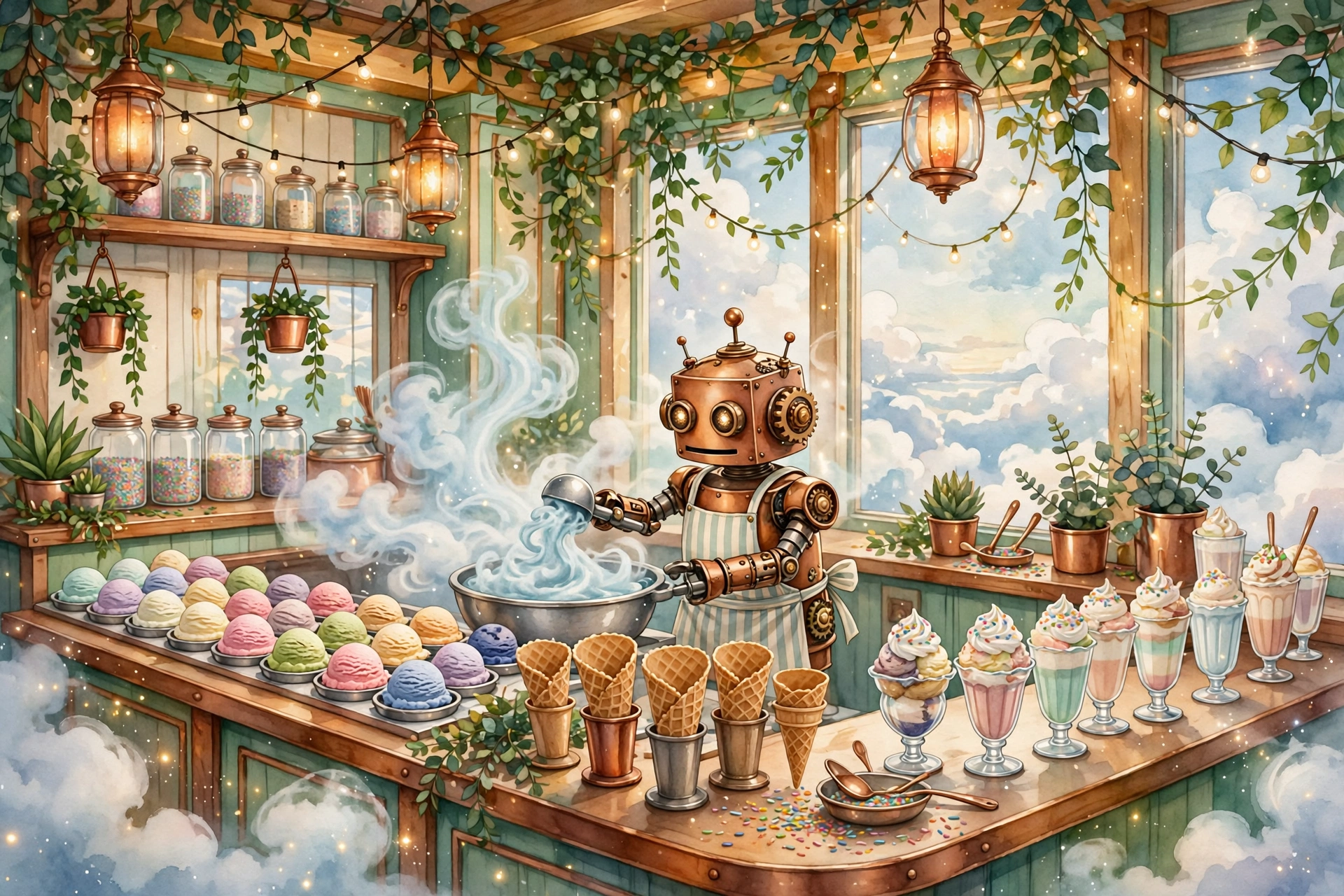 Poster illustration of Sprinklez — Euphoria's ice cream shop: Nitro the copper robot at the parlor counter scooping liquid-nitrogen ice cream in clouds of vapor, with rows of scoops, cones and sundae glasses along the counter; no people