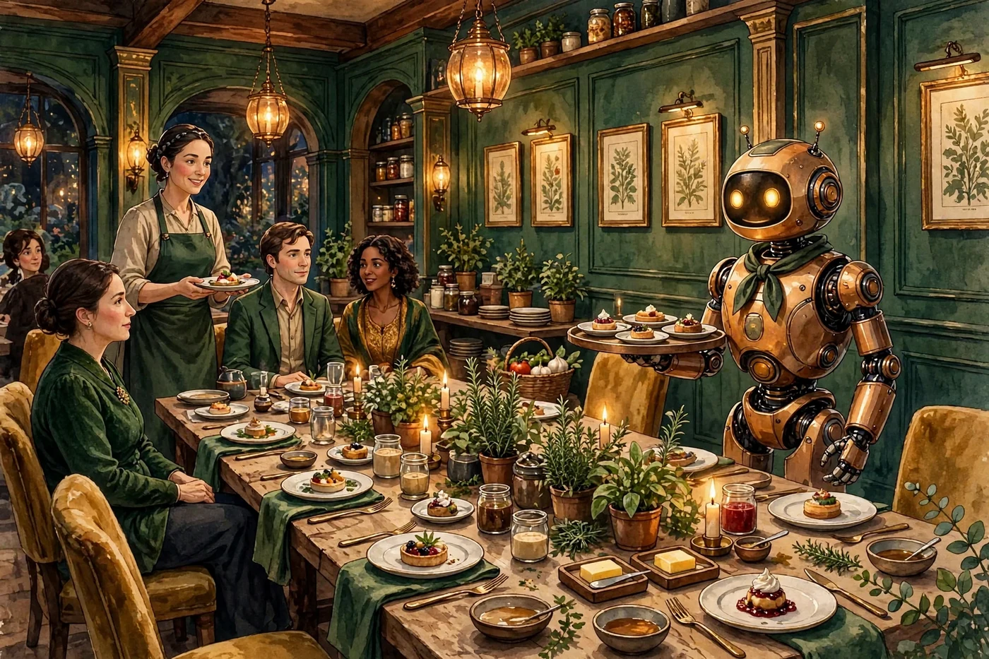 Poster illustration of The Devil's Lettuce, the Euphoria tasting room — guests and a robot server at a long farm table set for an infused tasting menu