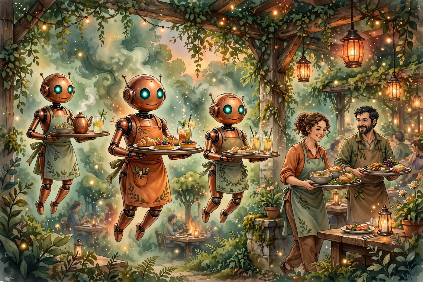 Poster illustration of Penny, The Waitresses — three copper robot servers in aprons floating with trays of food and drinks, working alongside two human servers carrying trays of their own