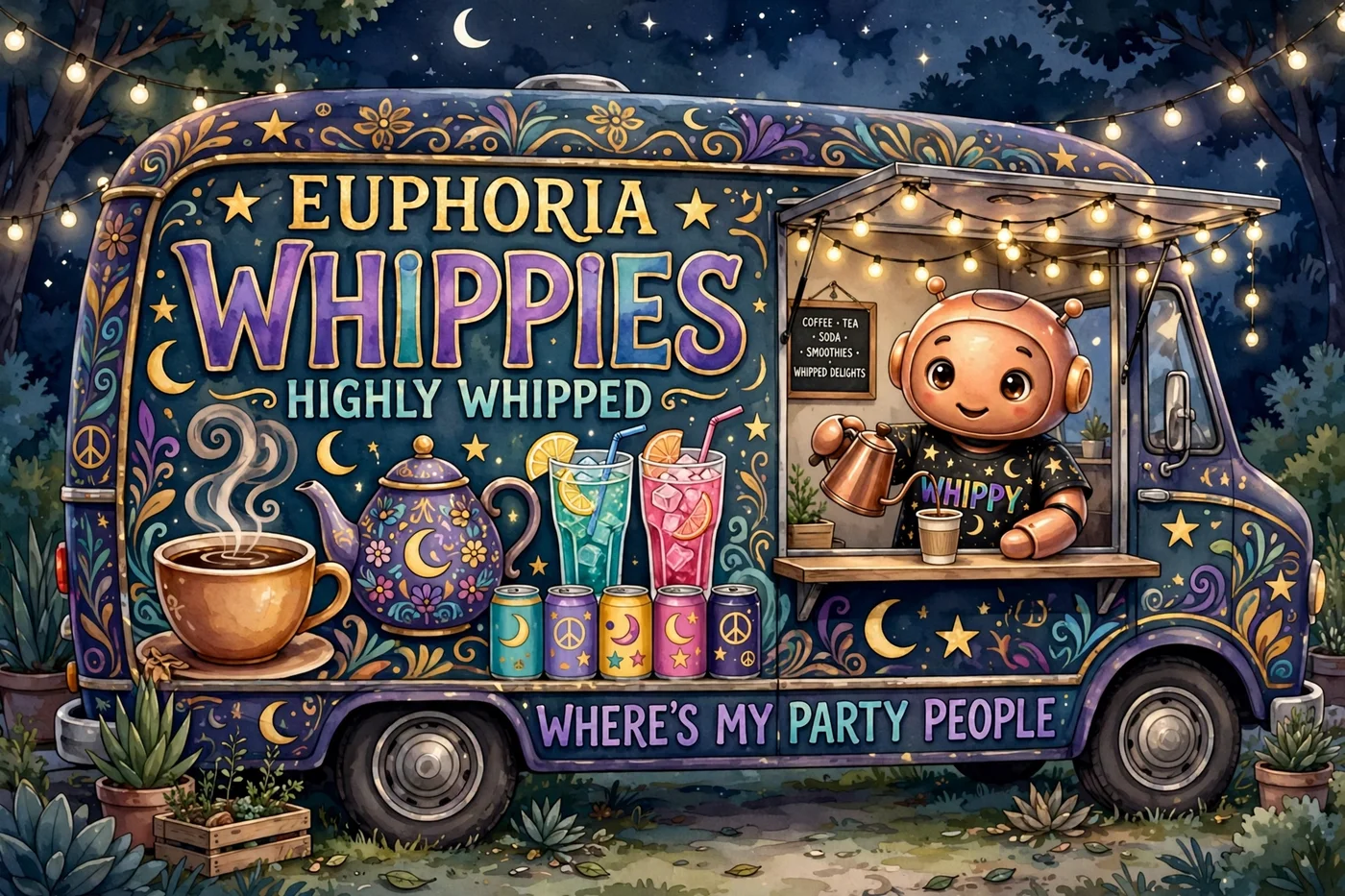 Poster illustration of Whippies — the blue Euphoria beverage truck at night, painted with a teapot, tall iced drinks and cans, with Whippy the robot pouring coffee at the window and WHERE'S MY PARTY PEOPLE painted along the side