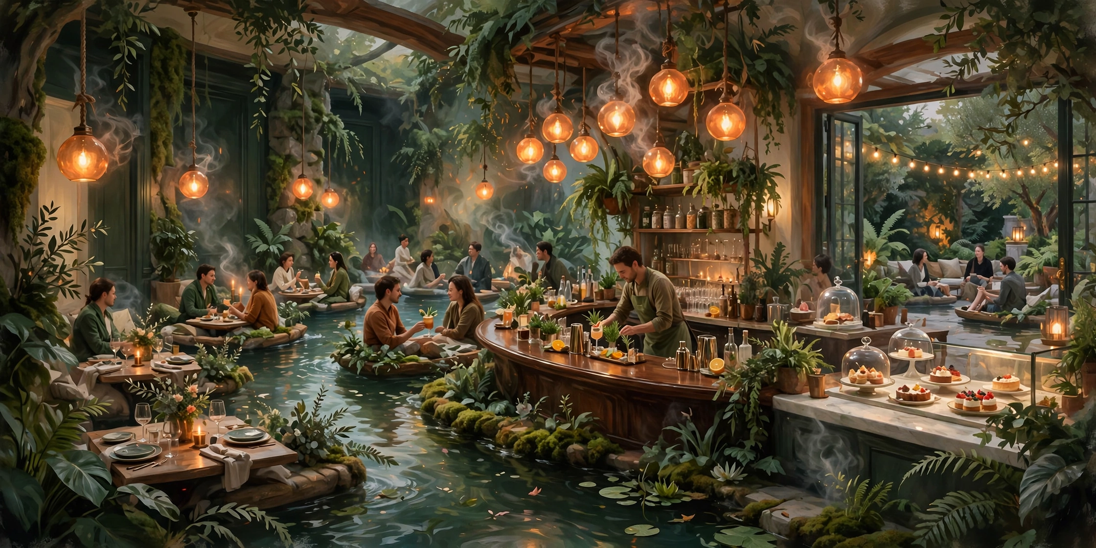 Illustration of Euphoria — guests at tables on floating platforms drifting between lush green rooms lit by warm ember lamps, with a cocktail bar and a dessert counter, and wisps of smoke curling through the air