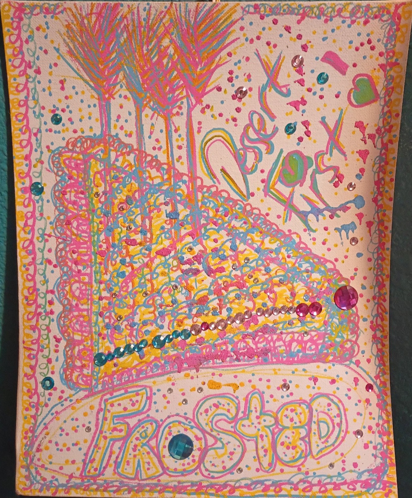 Mia Roze Bootz's Frosted painting — a tall slice of frosted cake drawn in pink, teal, and yellow linework with gem sprinkles, fireworks bursting above it, and the word Frosted lettered across the bottom