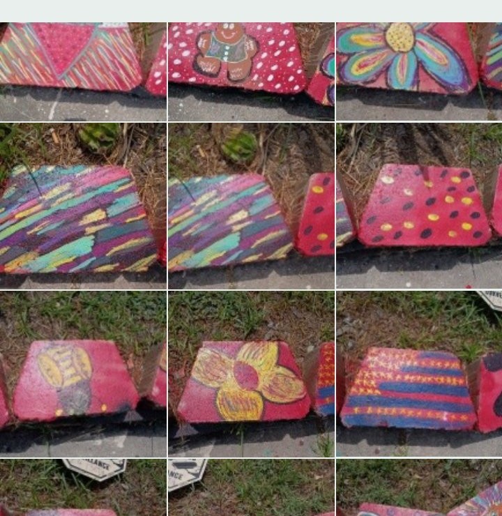 Nine of Mia Roze Bootz's hand-painted garden blocks — a gingerbread figure, large flowers, bold stripes, and polka dots in pink, teal, orange, and gold